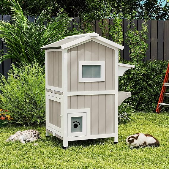 Insulated Outdoor Cat House with Insulated Liner 2 Story Weatherproof Elevated Outside Cat Shelter for Feral Multi Cat