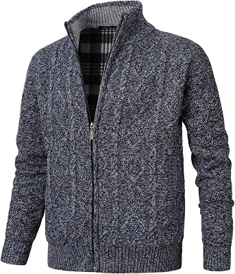Cardigan Mens Long Sleeve Stand-up Collar Cardigan Fleece Jacket with Cable Knit Zipper Jacket Knitted Sweater
