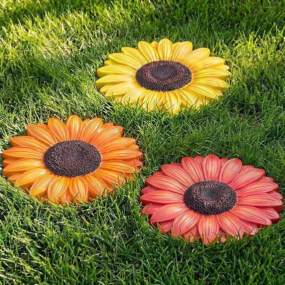 Cinnvoice 3 Pack Garden Stepping Stone Outdoor, Decorative Dimensional Resin Stepping Stones for Patio Pathway Landscaping Walkway Sculpture Yard Backyard Lawn(Sunflower,10 Inches)