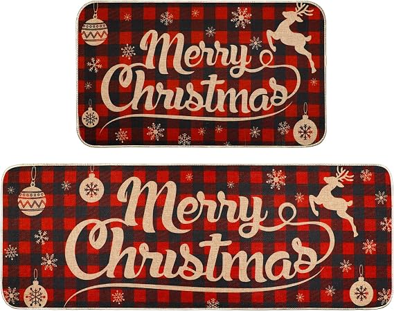 Christmas Kitchen Rug Sets 2 Piece Merry Christmas Plaid Waterproof Non-Slip Kitchen Mats and Rugs Winter Christmas Doormat Rubber Back Low-Profile Merry Christmas Decorations Home Kitchen Mats