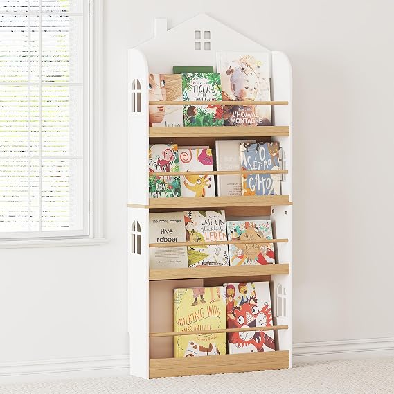 UTEX Kids Bookshelf, 4-Tier House-Shaped Bookcase with Guardrails, White | 5.8-Inch Slim Depth, Baseboard Cutout for Flush Wall Placement, Rounded Edges, Anti-Tip Anchor, FSC-Certified Wood