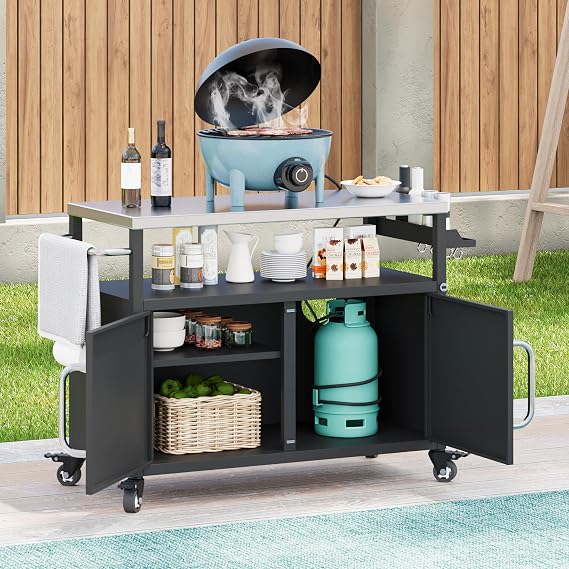 Merax 54.5" Outdoor Kitchen Island with Stainless Steel Tabletop, Metal Grill Cart Table with Storage Cabinet, Spice Rack and Towel Rack, Outdoor Bar Cart with 4 Lockable Wheels for BBQ, Black