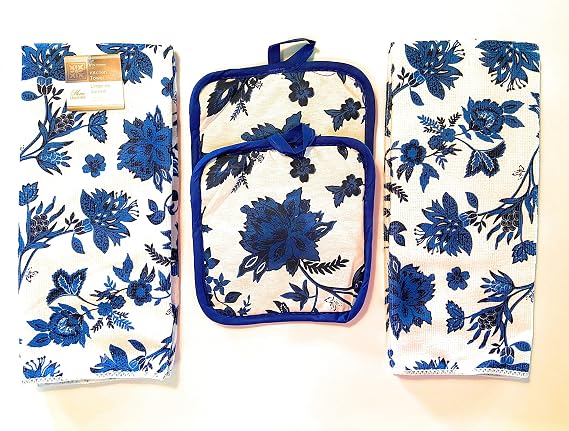 Home Collection 4 Piece Kitchen Towel Set (Blue Flowers)