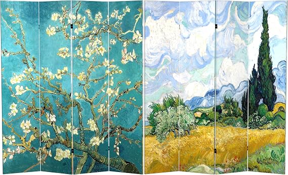 Red Lantern Double Sided Works of Van Gogh Canvas Folding Screen - Almond Blossoms/Wheat Field, 6 ft Tall - 4 Panel