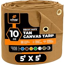 Xpose Safety Canvas Tarp - 10oz Tan Poly Canvas Tarps Heavy Duty Water Resistant with Brass Grommets- Multipurpose Outdoor Tarpaulin for Camping, Canopy, Trailer, Equipment Cover 5' x 5'