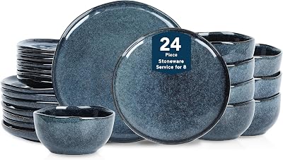 Stone Lain Mirella 24-Piece Stoneware Dinnerware Set, Service for 8 Reactive Glaze, Deep Blue Includes Dinner Plates, Salad Plates, and Bowls Modern Organic Design