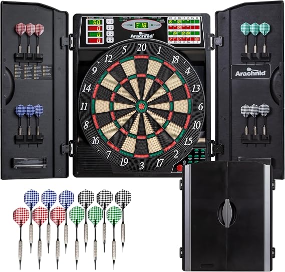 Arachnid Titanium 5400: 13.5 Target with Integrated Cabinet. Offers 38 Games, 316 Variations, Color LED Scoring, and Solo Play. Includes Double in/Out Modes for Competitive Game Room Fun.