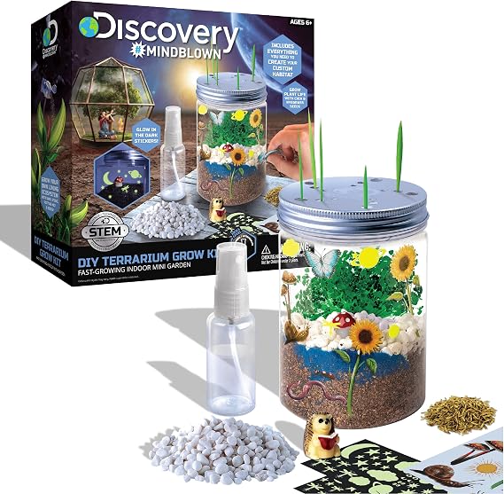 Discovery #MINDBLOWN DIY Terrarium Grow Kit, Fast-Growing Indoor Mini Garden, Create A Living Ecosystem, Includes Sand, Seeds, Potting Mix, Stones and More