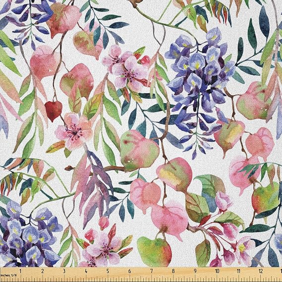 Ambesonne Jungle Leaves Fabric by The Yard, Watercolor Style Leafy Twigs with Wisteria and Sakura Pattern, Microfiber Fabric for Arts and Crafts Textiles & Decor, 1 Yard, Lavender Blue Lime Green