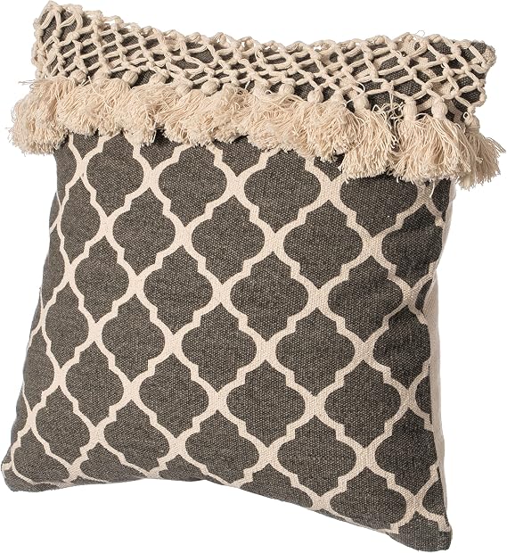 Deerlux 16" Handwoven Cotton Throw Pillow Cover with Ogee Pattern and Tasseled Top with Filler, Charcoal