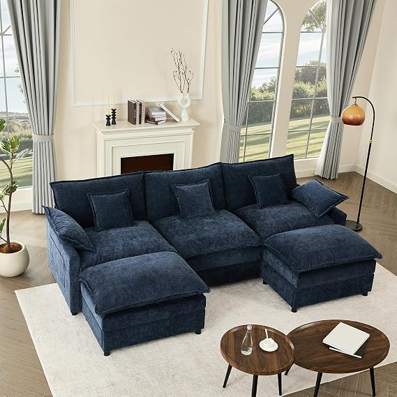 274 cm U-Shaped Sofa, Chenille Deep Seat Sofa Bed, Navy | Cloud Comfort, Deep Seat Design, Soft Chenille Upholstery, Machine-Washable Covers, Movable Ottoman