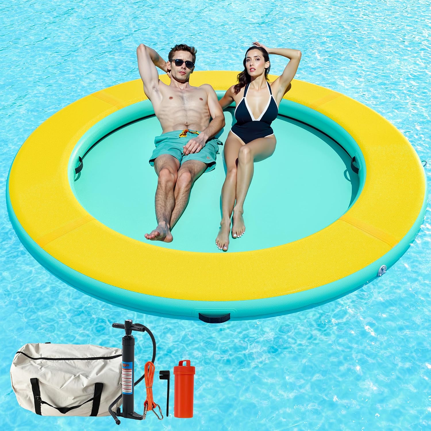 Albott Inflatable Water Hammock Float with Cup Holders, Soft Ladder and Mesh Bed, Round & Hexagon Lake Raft for 4–10 People, Heavy Duty PVC Pool Float for Summer Party & Family Fun