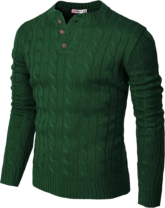 H2H Mens Casual Slim Fit Pullover Sweaters Long Sleeve Cable Knitted Sweater with Button Closure