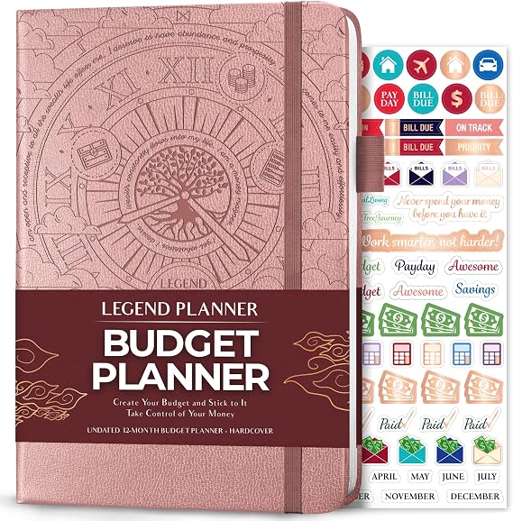 Legend Budget Planner, Undated Monthly Budgeting & Bill Book, Rose Gold | Personal financial log to organize household accounts, bills, savings and spending,  with stickers, Hardcover, A5