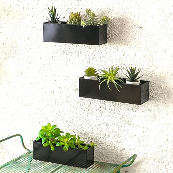 LaLaGreen Wall Planter (14 in, 3 Pack) Black Metal Succulent Planter Box | Black wall decor, long floating shelves, plant wall shelf, living room home decor, office apartment