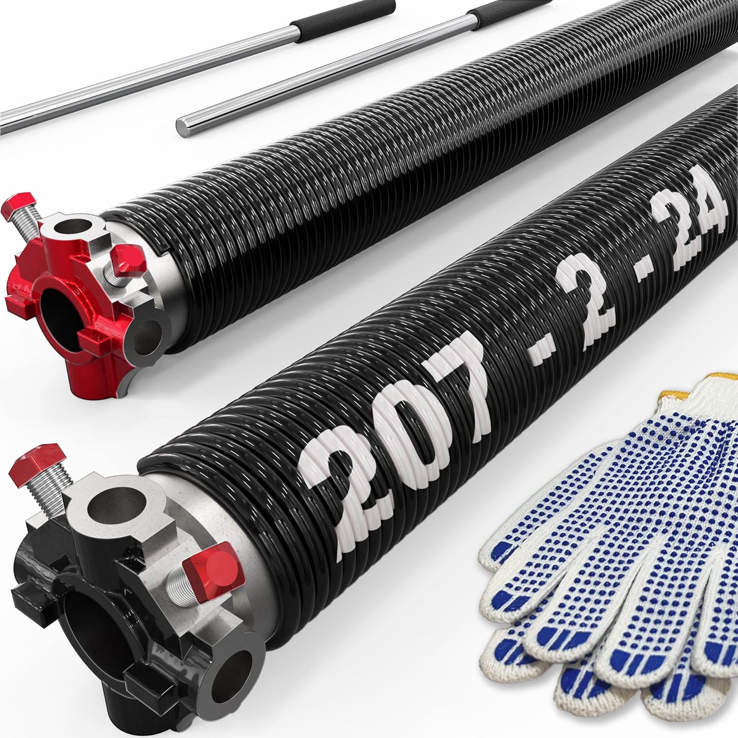 Garage Door Torsion Springs with Non-Slip Winding Bars, Oil-Free Electrophoretic Coated Coil 2-Inch Diameter Spring Set, 1 Pair, 207 X 2'' X 24''