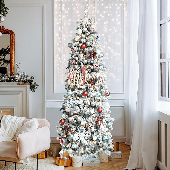 BlueWish 7.5FT Artificial Slim Christmas Tree with 300 LED Lights, Pre-lit Pencil Christmas Tree Flocked Full Xmas Tree with 800 Branch Tips, Foldable Base and Metal Hinges, for Holiday Decoration