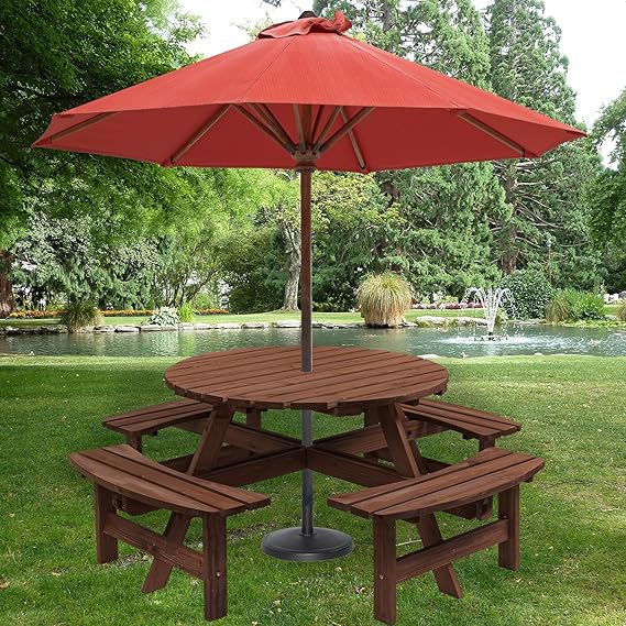 8-Person Outdoor Round Wooden Picnic Table with 4 Built-in Benches