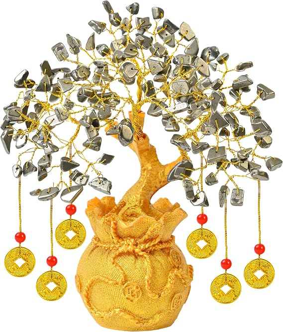 Crocon Pyrite Crystal Tree with Artificial Coin Pot Base Bonsai for Home,