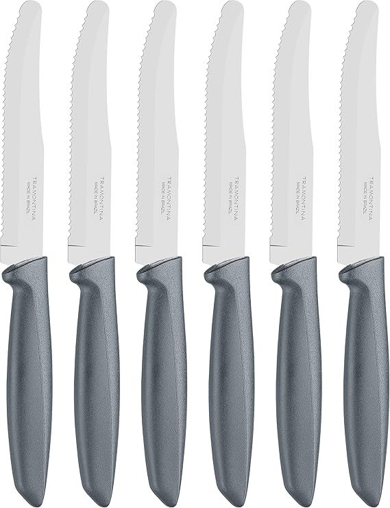 Tramontina Kitchen Knives Set of 6, Serrated Fruit Tomato Cooking Knife, Vegetable Chopper Peeler, Stainless Steel, Multipurpose, Rounded Tip, Grey, 23498655