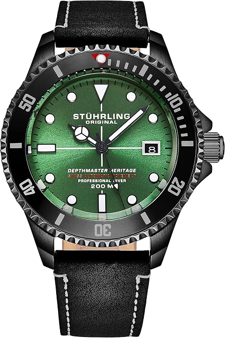 Stuhrling Original Mens Swiss Automatic Stainless Steel Professional DEPTHMASTER Dive Watch, 200 Meters Water Resistant, 42mm with Screw Down Crown and Genuine Leather Strap (Green)