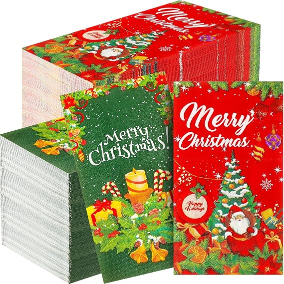 Cholemy 100 Pcs Christmas Napkins Paper 3 Ply Red Green Disposable Paper Hand Towel Christmas Guest Towels Hand Napkins Towels for Xmas Bathroom Kitchen Room Party Supplies 3.9 x 7.9 Inch