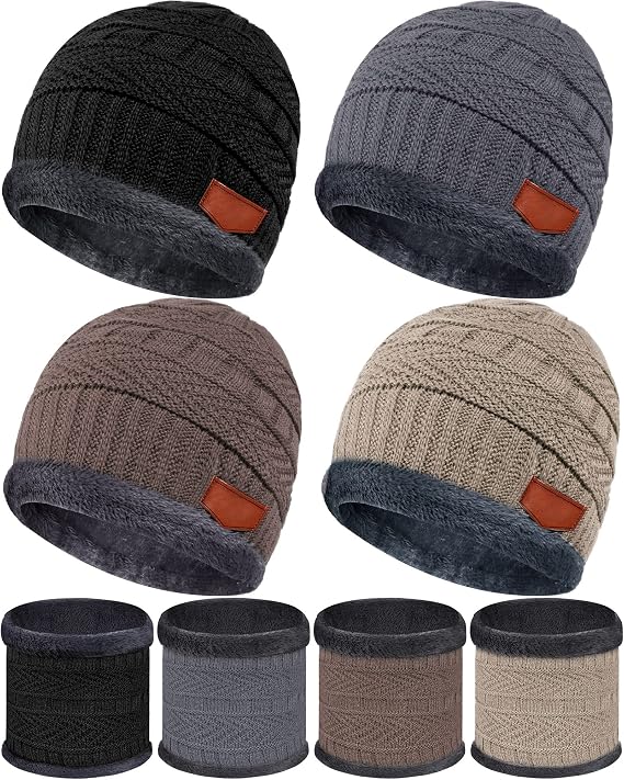 Syhood 4 Sets Kids Winter Hat and Scarf Set Warm Fleece Lining Beanie Hats Knitted Cap Scarf for 5-14 Years Boys Girls