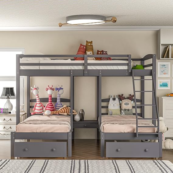 Flieks Full Over Twin & Twin Bunk Bed,Triple Bunk Bed Frame for Boys Girls Kids Adults Toddler with Drawers, Gray