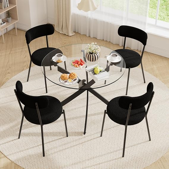 36" Round Dining Table Set for 4, Small Round Kitchen Table with 4 Boucle Dinner Chairs, Modern Circle 5 Piece Glass Dining Table with Metal Legs(All Black)