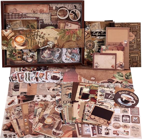 emmoolife Scrapbooking Supplies Kit, Coffee Vintage Aesthetic Scrapbook Kit for Bullet Junk Journal, DIY Journaling Supplies with Coffee Bean Cup, Latte Art, Birthday Craft Gift for Teen Girl Women