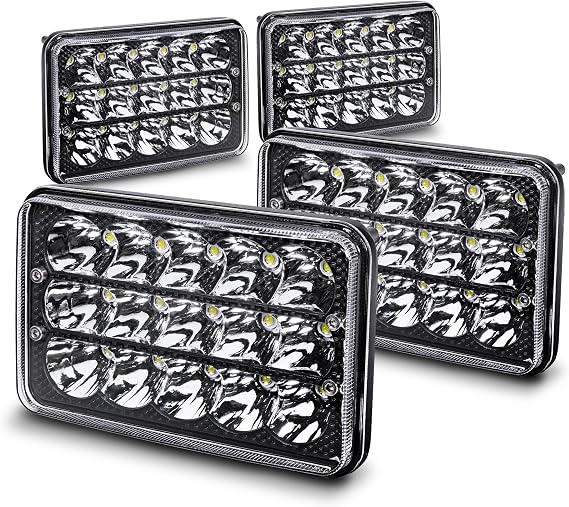 TRUE MODS 4pc Black 6x4 4x6 Inch LED Headlights 45W H4 High Low Sealed Beam H4652 H4666 H6545 H4651 H4656 for Freightliner Classic XL FLD 120 Peterbilt 379 357 378 385 Kenworth T600 T800 W900 T2000