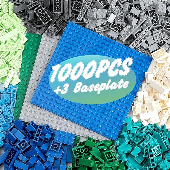 HUIZDQ 1000 Pieces Building Blocks, Classic Stackable Base Plates, 3 6.3" x 6.3" Blue, Gray and Green Base Plates,Compatible with All Major Brands(Boy Colour)