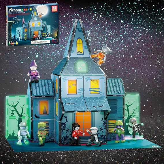 PicassoTiles 57 PCS Magnetic Tiles Halloween Haunted House STEM Set Ages 3+