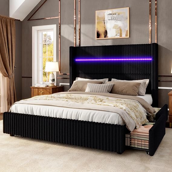 Jocisland King Size Bed Frame, 51.2" Corduroy Wingback Headboard, Black