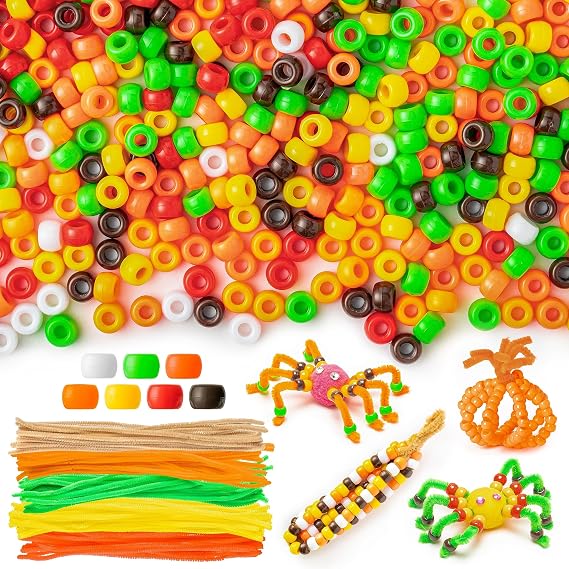 1500Pcs Fall Pony Beads Bulk with 100Pcs Chenille Stem Pipe Cleaner, Plastic Perforated Spacer Beads Set with Fuzzy Sticks for Autumn Fall DIY Crafts Jewelry Making Supplies