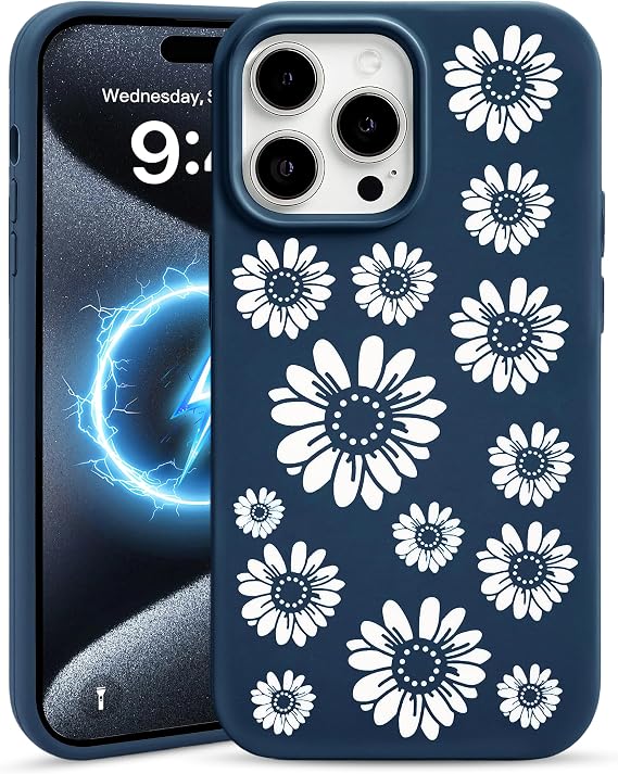 Jusy Compatible with Magsafe iPhone 13 Pro Case, Engraved Flower Magnetic Phone Case, Cute Aesthetic Floral Pattern Slim Liquid Silicone Phone Cover for Women Girls - Blue Daisy
