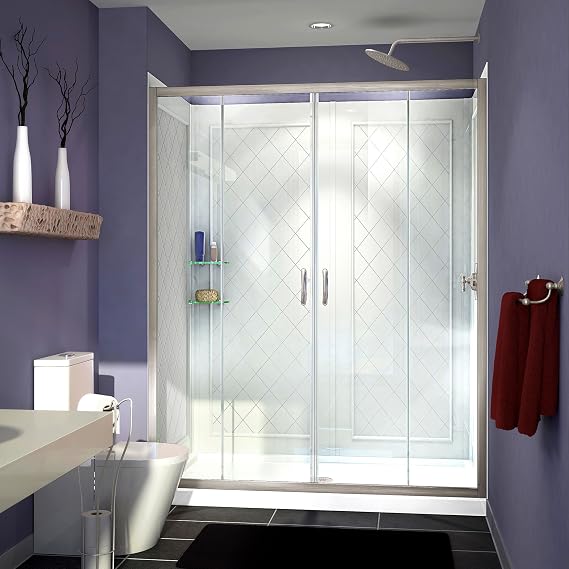 DreamLine Visions 36 in. D x 60 in. W x 76 3/4 in. H Sliding Shower Door in Brushed Nickel with Center Drain White Base, Backwalls, DL-6115C-04CL