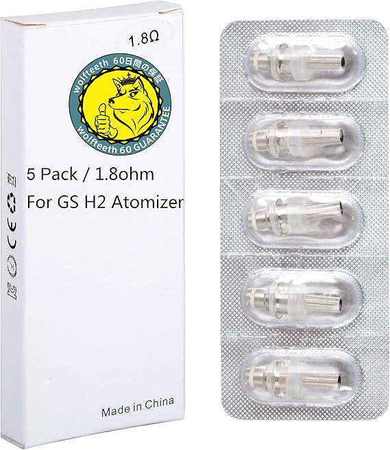 WOLFTEETH 5 Pack Genuine 1.8 ohm Core Coil Head Replacement | GS H2 Clearomizer Atomizer Atomiser Compatible Replaceable Core | Nicotine Free 122201