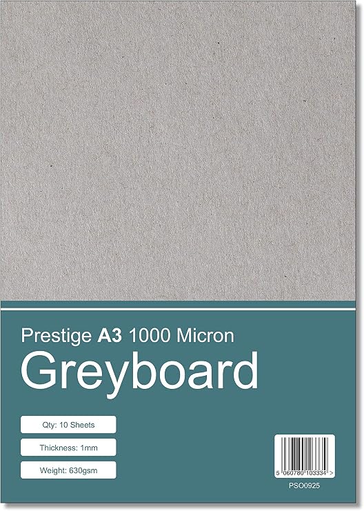 Prestige A3 Greyboard 1000mic - 1mm Thick Craft Grey Board Mounting Backing Modelling Board - 1000 Micron - 10 Sheets