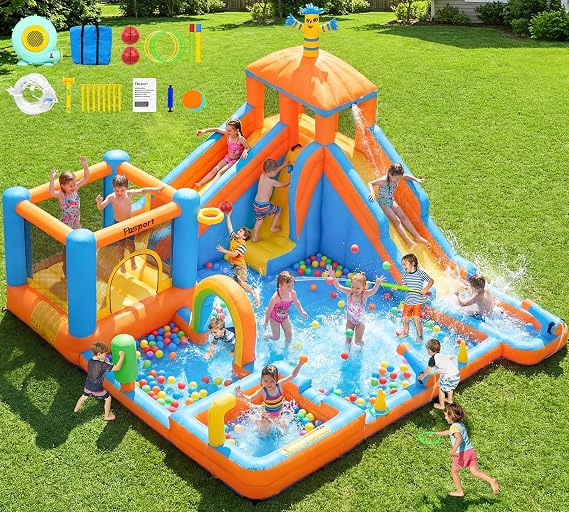 FBSPORT Inflatable Water Slide Bounce House, Double Water Slides Bounce House for Kids 3-12, 11 in 1 Water Park Bouncy Castle for Backyard Outdoor with 750W Blower