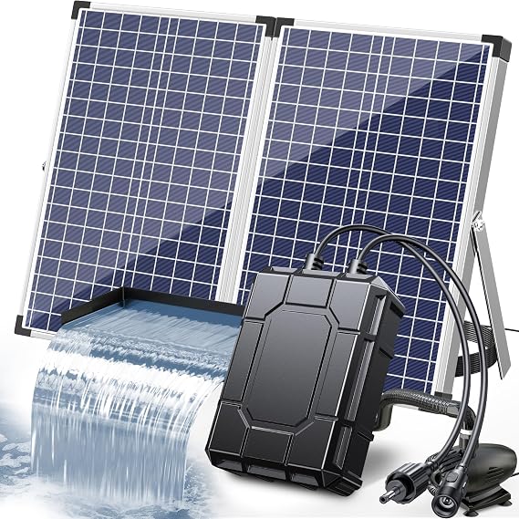 POPOSOAP 75W Pond Waterfall Box with Solar Fountain Pump Battery Backup, 304 Stainless Steel Pond Waterfall Spillway, Pond Spillway with 9.8FT PU Corrugated Tubing for Garden Waterfall,Water Features