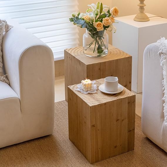 COZAYH Tree Stump End Table Set of 2, Multiple Styling Layout with Wood Tree Ring Pattern, Natural Wood Color