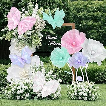 Cinnvoice 8 Pcs Large Butterfly Flower Decorations 20 Inch 12 Inch 3D Giant Silk Butterfly Big Flower Mariposas Grandes para Decoracion for Wedding Backdrop Birthday Party(Pastel)