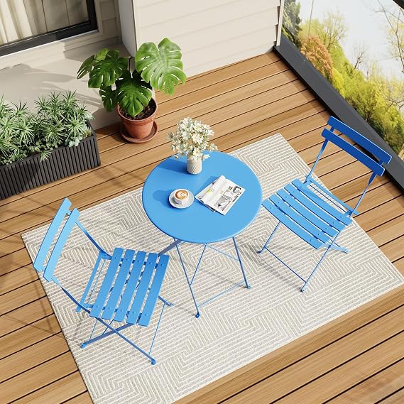 Bistro Table and Chairs Set of 2, 3 Piece Folding Patio Bistro Set, Blue