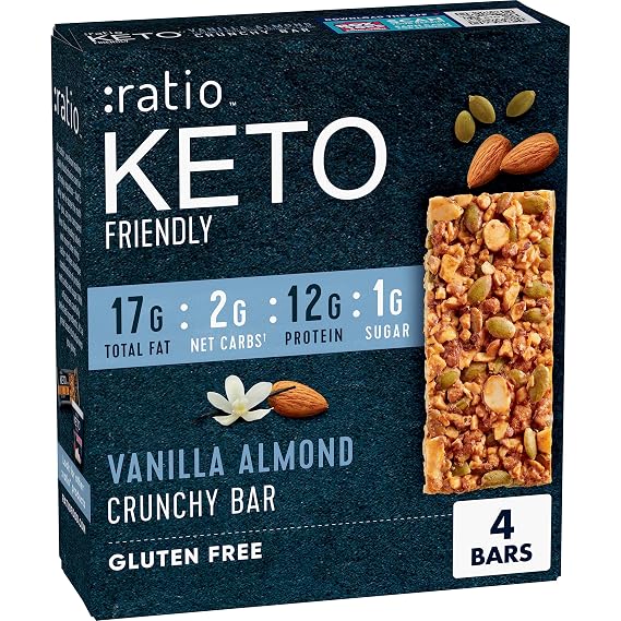 :ratio KETO Friendly Crunchy Bars, Vanilla Almond, Gluten Free Snack, 4 ct