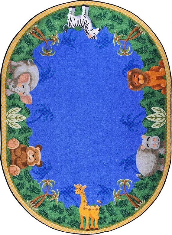 Joy Carpets Kid Essentials Infants & Toddlers Jungle Friends Rug, Multicolored, 5'4" x 7'8" Oval