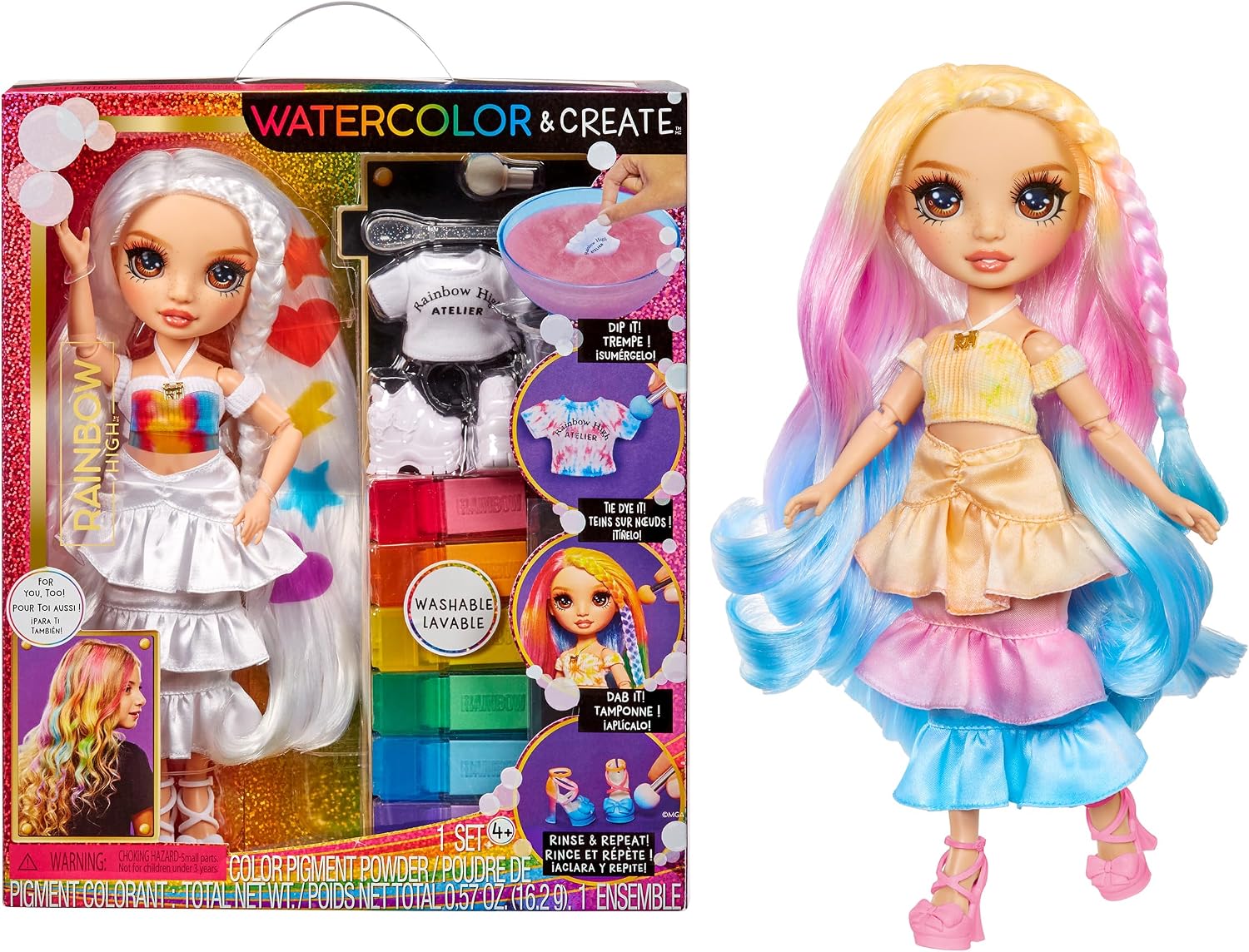Rainbow High Watercolor & Create Fashion DIY Doll with Washable Watercolors + Tie-Dye Kit, Brown Eyes, Curled Hair, Bonus Top & Shoes. Color, Create, Play, Rinse and Repeat