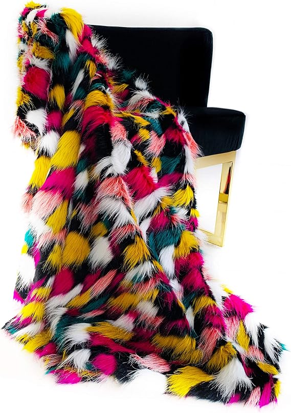 Plutus Brands Purple, Yellow, Black Plutus Amazonian Bird Faux Fur Luxury Blanket 36 in x 60in, Throw 36W x 60L