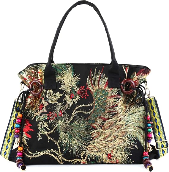 Jursccu Embroidered Purse Canvas Boho Tote Bag Crosssbody Bags for Women