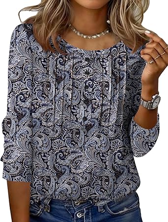 Zeagoo 3/4 Length Sleeve Womens Tops Round Neck Casual Summer Tunic Tops Basic Tees Blouses Dressy T-Shirts Pleated Shirts